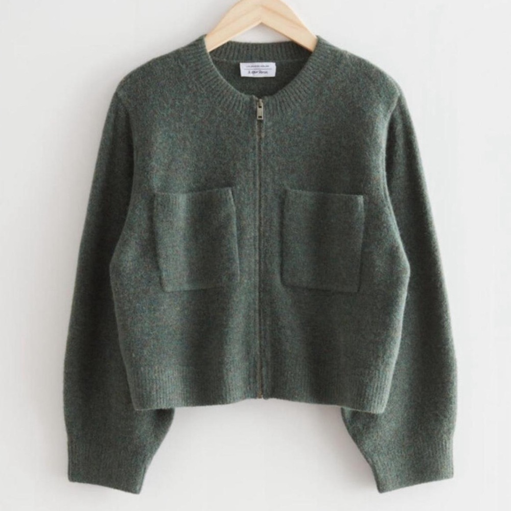 & Other Stories Green Wool Zip Cardigan